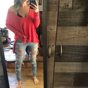 🎉Free People Waffle Knit Distressed Pullover V Neck Sweater Fray thermal